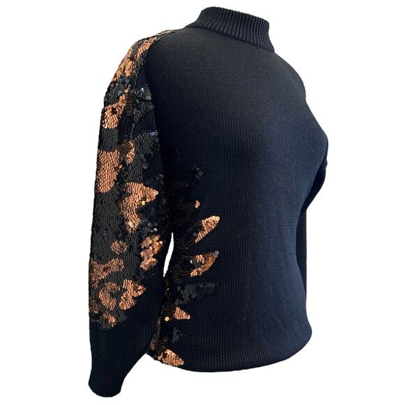 Vintage Black Wool Blend Sequin Sweater Medium Glam Animal Leaf Party Pullover - Picture 2 of 12